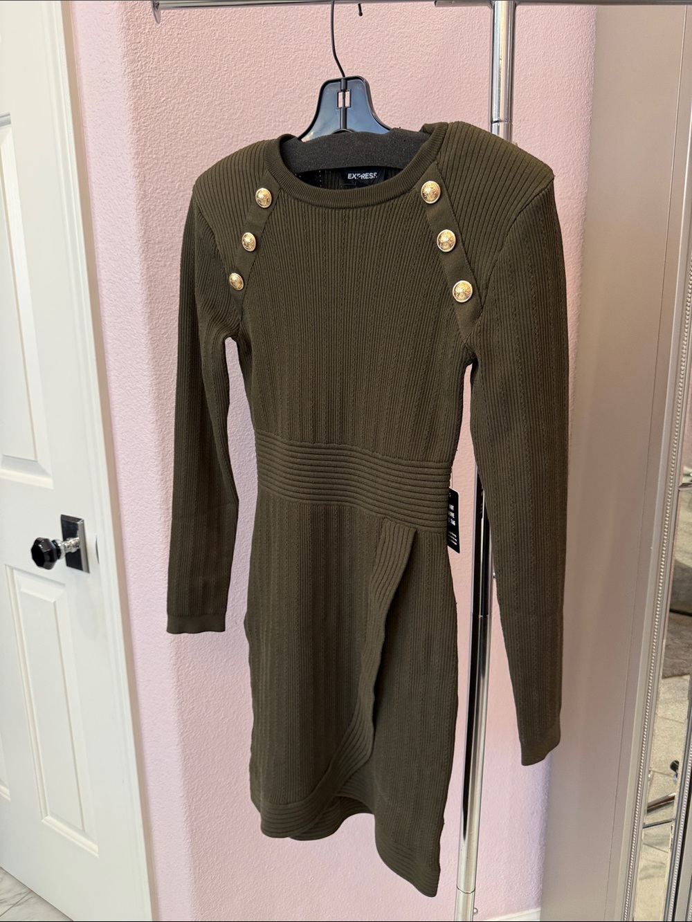 Express Olive Ribbed Long-Sleeve Sweater Dress with Gold Buttons